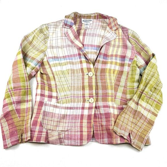Pendleton‎ %100 Linen Pink Plaid Blazer Women’s S - Picture 1 of 11
